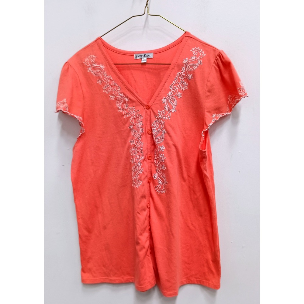 Katie's Kloset BOHO Top Womens Large Coral Embroidered Short Sleeve